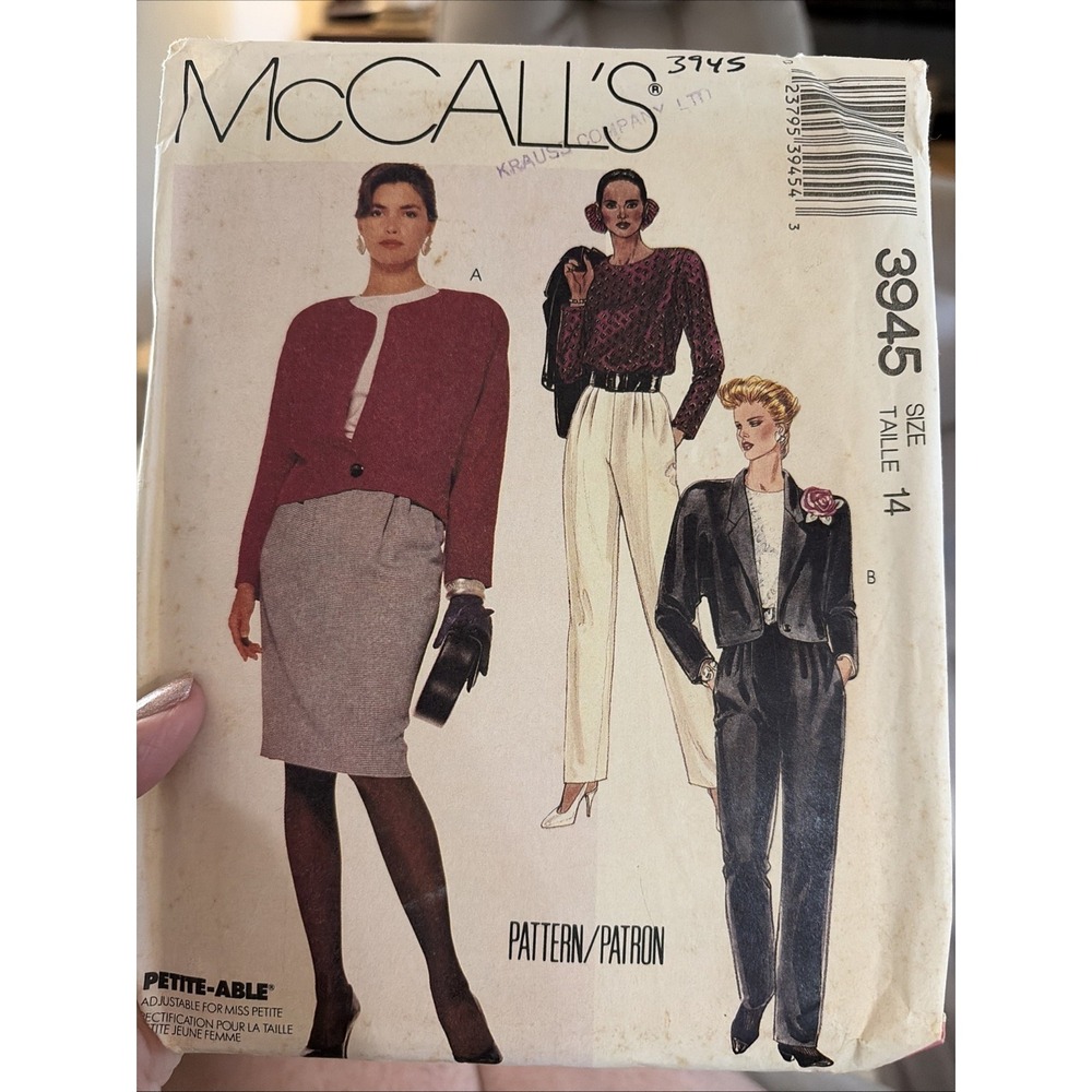 Vintage 1988 McCalls Sewing Pattern Suit 3945 Size 14 Uncut Jacket Pants Skirt